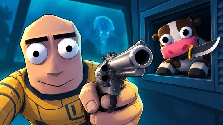 Official art of a crew member in a yellow suit aiming a revolver while a cow holds a knife in a window, with a jellyfish outside.